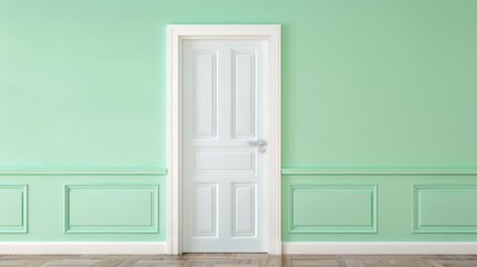 Abstract palace interior with light green walls, white door, copy space, deep depth of field, covers all objects.