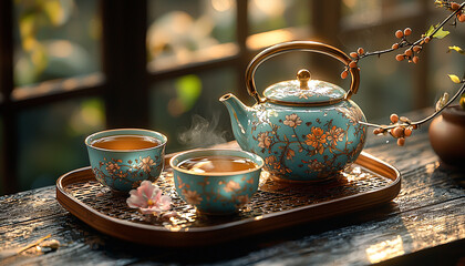 Fototapeta premium Teapot on table, drink hot tea, old fashioned pottery generated by AI