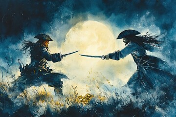 Fototapeta premium Ghostly pirate duel, fighting for cursed treasure, moonlit battlefield, Watercolor style