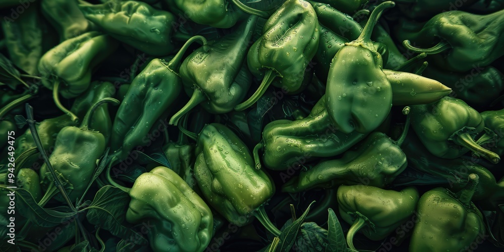 Poster unripe spicy green peppers harvested early