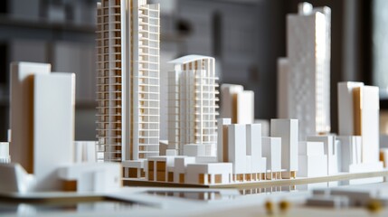 Architectural model of innovative residential towers with plan, copy space, focus on all objects, deep depth of field.