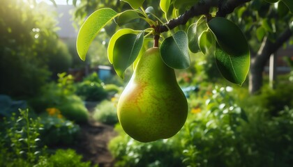 pear grows on a tree in the harvest garden on sunny day