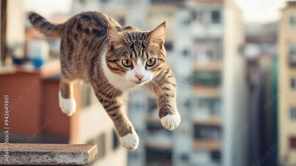 Poster a cat is jumping off a ledge and looking up at the camera. the cat is in a city setting with tall bu
