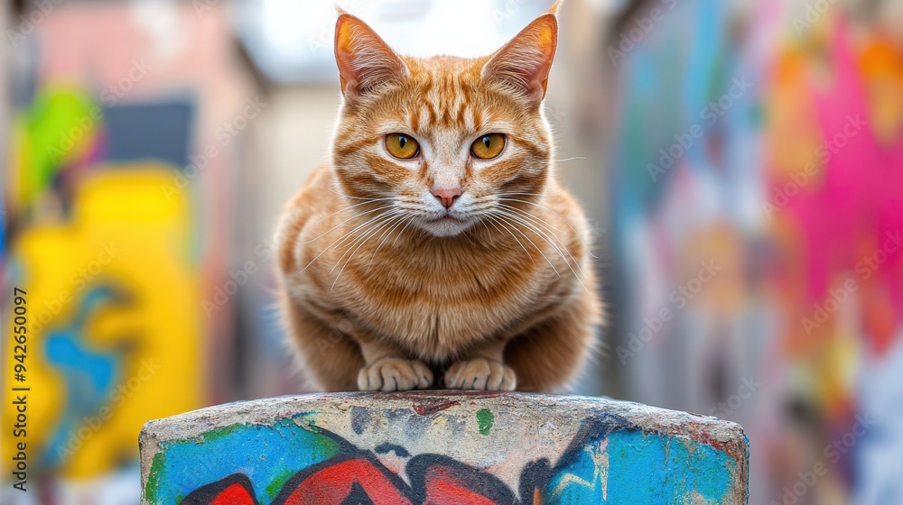 Poster a cat is sitting on a wall with graffiti on it. the cat is looking at the camera with a curious expr