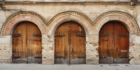 Historic beige brick entrance to the local market in the city with three elegant wooden arch doors locked entry showcasing XVIII century European architecture