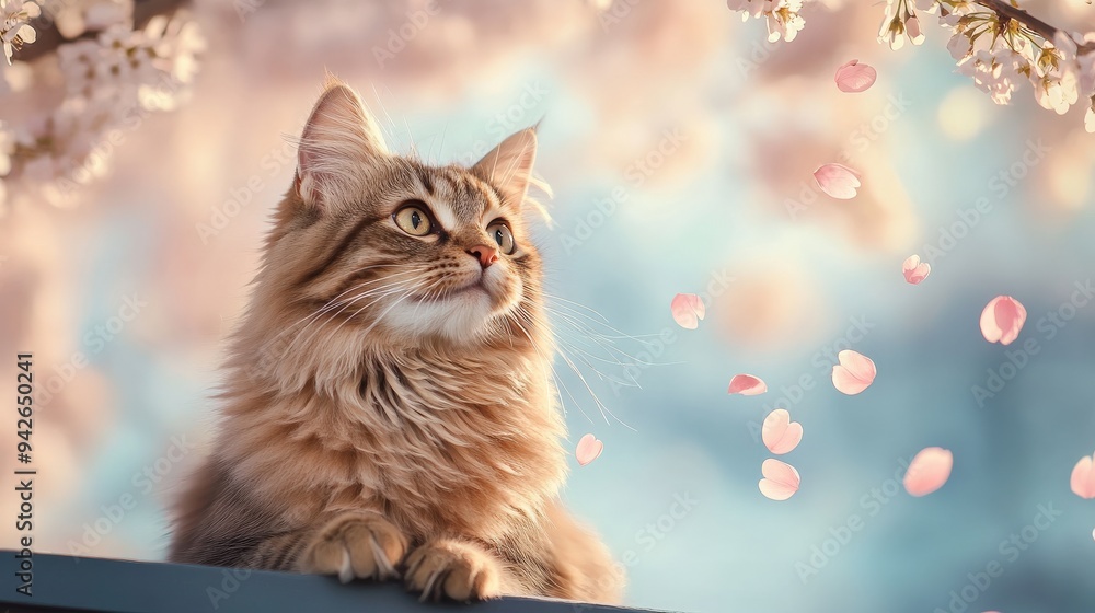 Poster a cat is looking at the camera with its eyes wide open. the cat is sitting on a ledge next to a tree