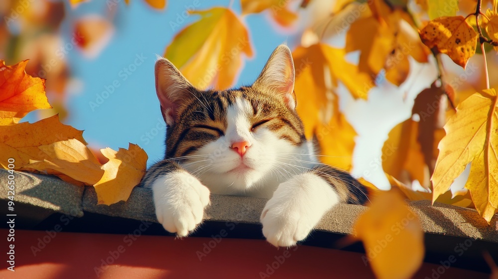 Poster a cat is laying on a tree branch with leaves on it