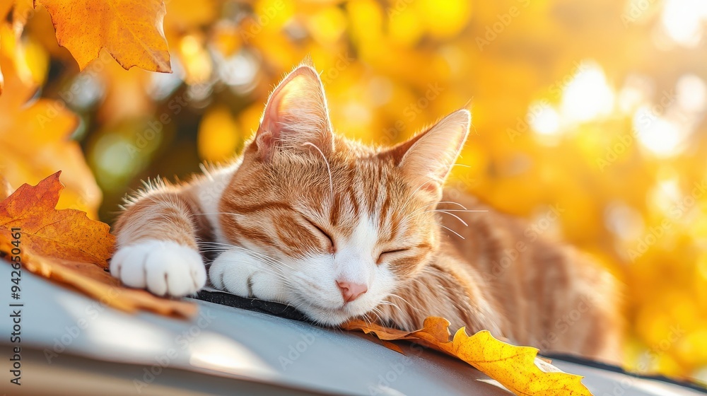 Poster a cat is laying on a tree branch with leaves on it
