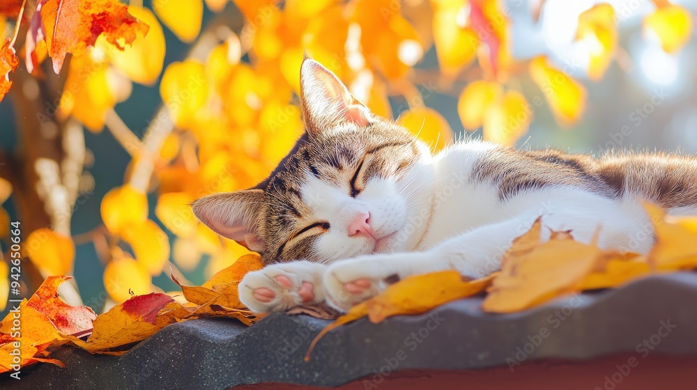 Poster a cat is laying on a tree branch with leaves on it