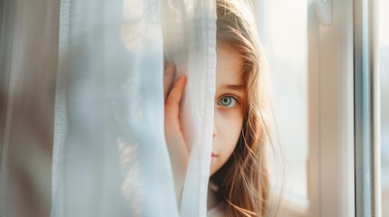 Fototapeta premium A girl peeks out from behind a curtain in a bright, airy room.
