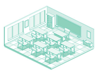 Isometric empty school classroom. Outline style with green lines. Room with desk tables and chairs. Workspace with windows.