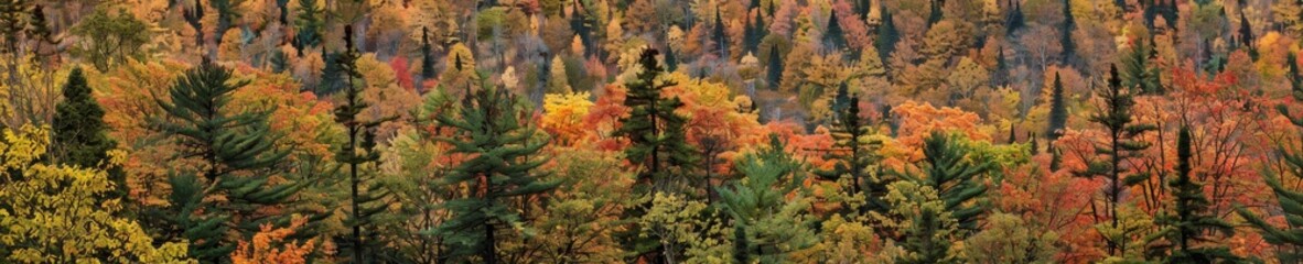 Obraz premium Autumn forest in vibrant fall colors, expansive seasonal view.