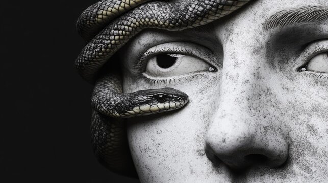 medusa con serpientes en su cabello en forma de estatua fantastic realism classical realism Hallotype acidwave fine art photography headshot photography