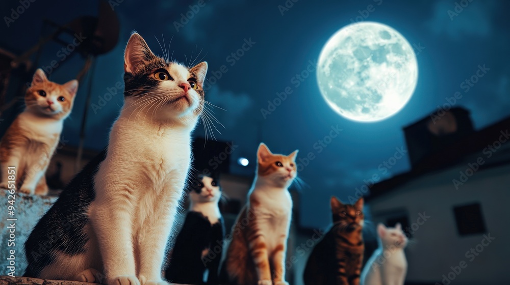 Poster a group of cats are sitting on a ledge, looking up at the moon. the cats are of different colors and