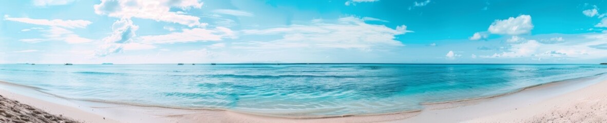 Fototapeta premium Beachfront Horizon, Wide-angle view of beach meeting ocean, Coastal Tranquility
