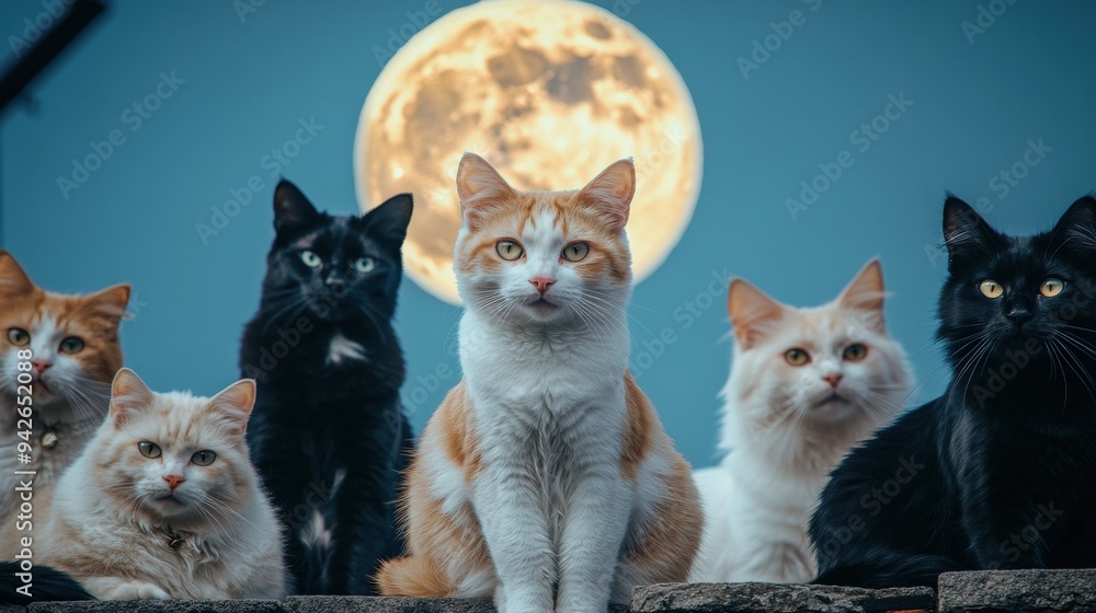 Poster a group of cats are sitting on a ledge, looking up at the moon. the cats are of different colors and