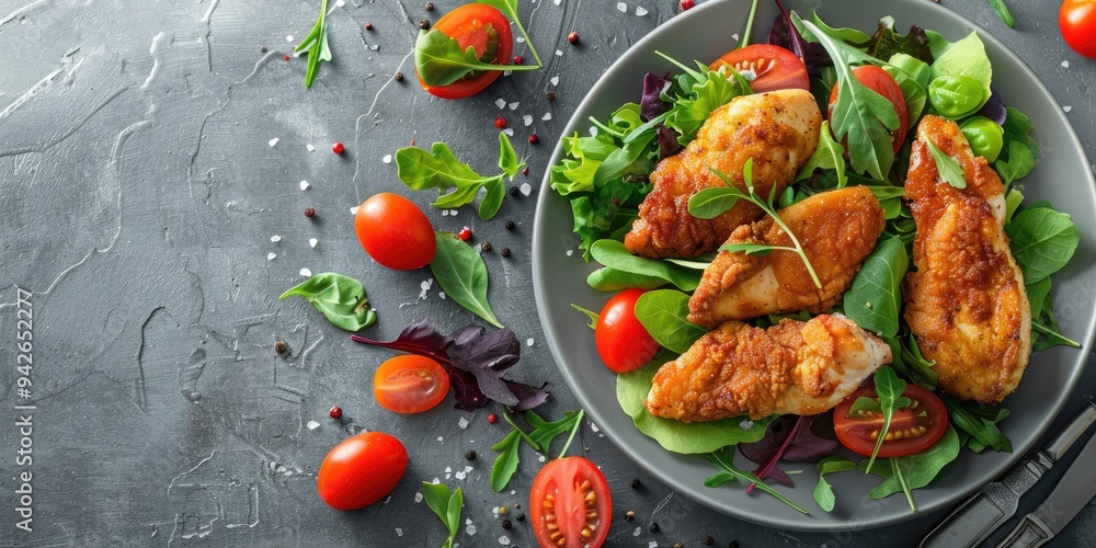 Poster fried chicken breasts served with mixed green salad and tomatoes on a plate on a grey concrete table