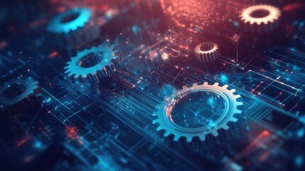 Obraz premium A high-tech graphic of gears and virtual diagrams representing Industry 4.0