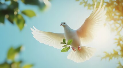 Fototapeta premium A free white dove holding a green leaf branch flies in the sky. 