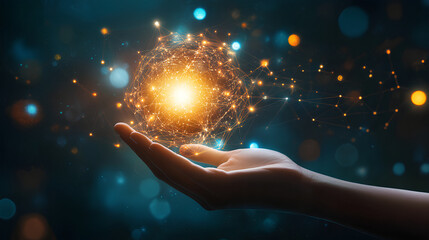 Abstract palm hands with global network connections, innovative technologies in the field of science and communication, Hand holding flying earth network global connection concept