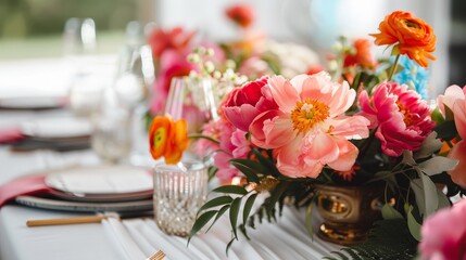 Bright engagement party with radiant floral centerpieces, copy space, cover all objects, deep depth of field.