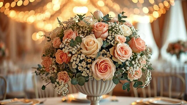 exquisitely set wedding table against the backdrop of the dinner hall, with flowers and decorations in the foreground