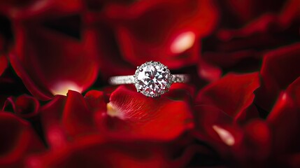 A sparkling engagement ring nestled among red rose petals, capturing the essence of romance in a stunning,