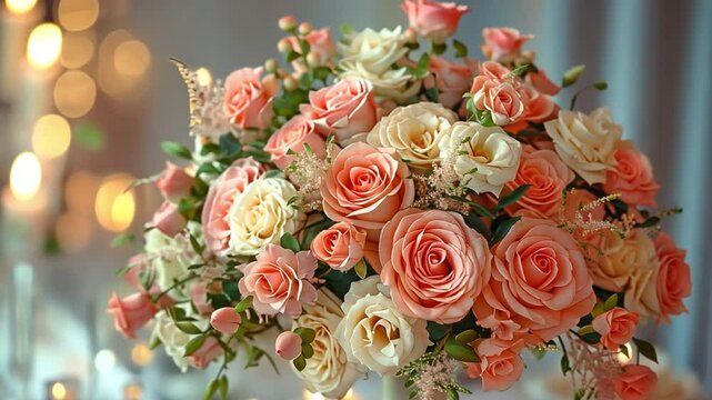 exquisitely set wedding table against the backdrop of the dinner hall, with flowers and decorations in the foreground