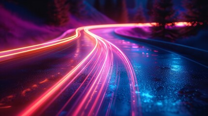 3D render blue purple light line through dark background