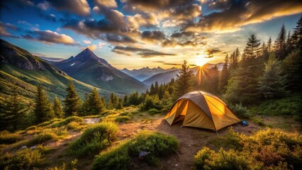 Obraz premium Amidst towering trees, a solitary tent stands sentinel, silently bearing witness to the fury of the wilderness, a solitary refuge from the howling storm.