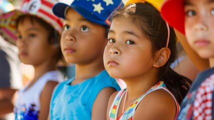 Fototapeta premium Labor Day parade with children, deep depth of field, copy space, covering all objects.