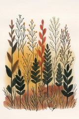 Autumn meadow with foliage, plants, and berries. Hand painted watercolor fall landscape for greeting card, invitation or poster