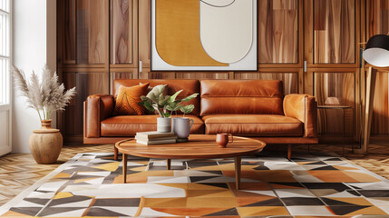 Mid-century modern living room interior design with a leather sofa, wooden coffee table, and geometric rug.
