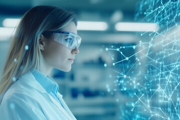 Focused female scientist in a lab, analyzing complex data on a computer screen displaying a digital network, representing advanced research.