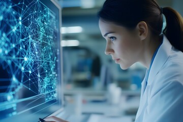 Focused female scientist in a lab, analyzing complex data on a computer screen displaying a digital network, representing advanced research.