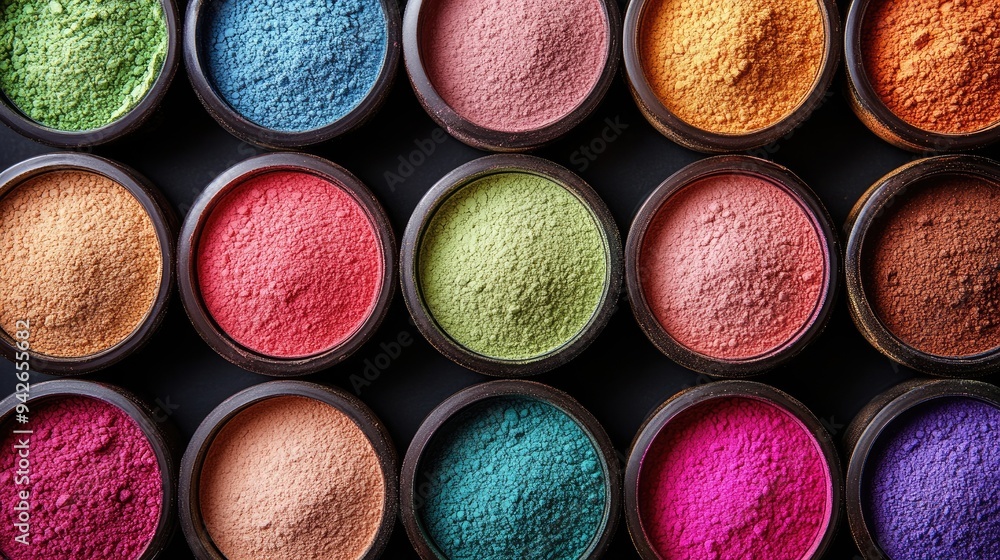 Poster close-up of various powdered cosmetics in bright colors, thoughtfully arranged to display a spectrum