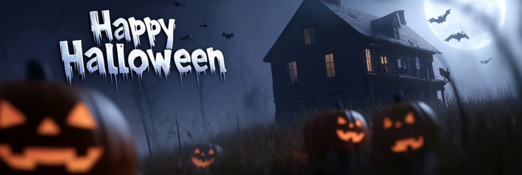 A spooky banner with a haunted house at the center surrounded by jackolanterns bats and a full moon in the background The Happy Halloween message is in a dripping eerie font with a dark purple and bla