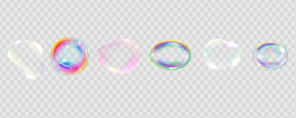 Set of realistic colorful soap bubbles. Transparent realistic soap bubbles isolated on transparent background.