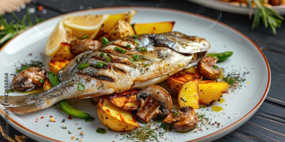 Wall mural grilled fish with bell peppers, fried potatoes, and mushrooms