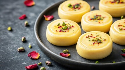 A decadent Indian dessert platter featuring saffron-infused sweets and garnished with pistachios and rose petals, Indian dessert, luxury, saffron