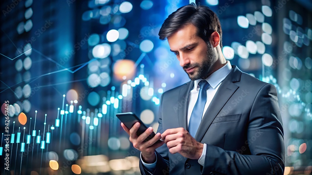 Wall mural businessman using smartphone with stock market chart in background.