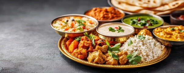 A luxurious thali spread with an array of Indian delicacies served on a gold-plated platter, Indian food, luxury, thali