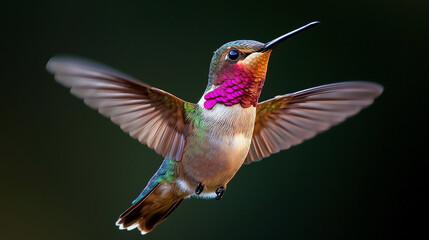 Close-up of colorful hummingbird mid-flight