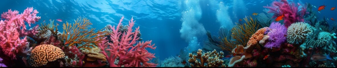 Vibrant coral reefs, panoramic underwater view of marine life, coral reef