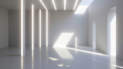 Fototapeta premium Minimalist interior with luminous beam arrangement, deep depth of field, copy space, cover all objects.