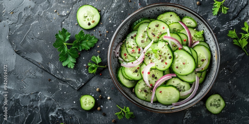 Poster top view of a refreshing summer menu featuring cucumber and onion salad with space for text