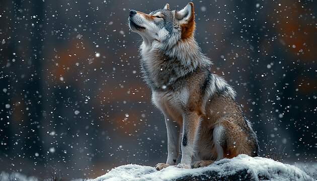 Gray wolf sitting in snow, looking at forest generated by AI