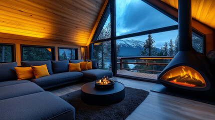 Cozy cabin interior with fireplace and view