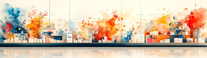 Obraz premium Vibrant Watercolor Illustration of an Online Store with Stylish Product Listings and High-Quality Images