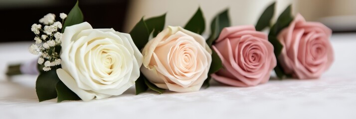 A classic bridal bouquet composed of white and soft pink roses arranged in a tight round shape The bouquet is captured in three different views a topdown view showcasing the full round shape of the ro